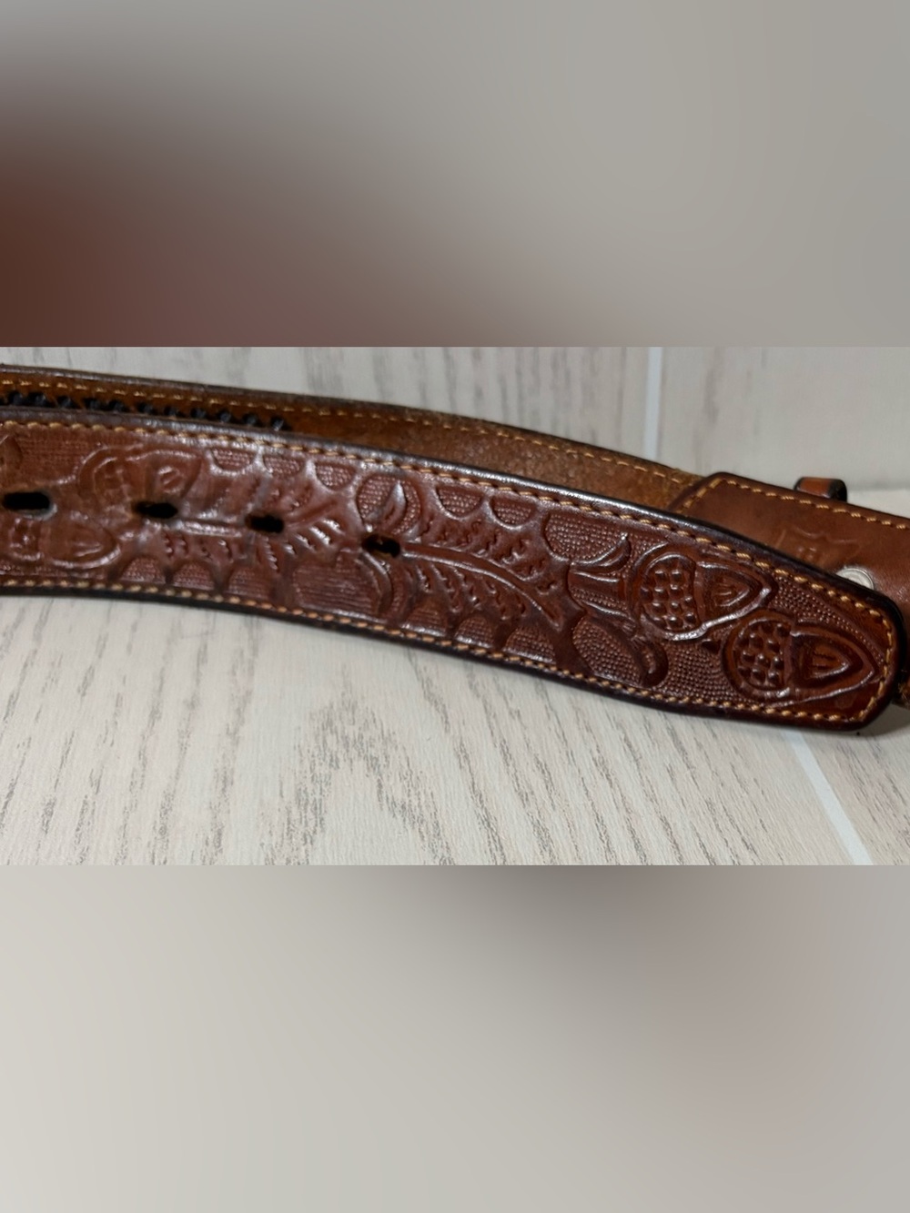 Vintage Hand Tooled Leather Belt Strap Mens 45 Tan Brown Floral Acorn Western